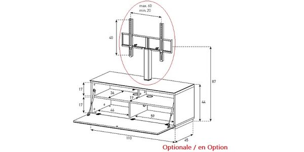 Meuble TV Sonorous Lowboard Studio sta110f-wht-wht-bs, Abattant